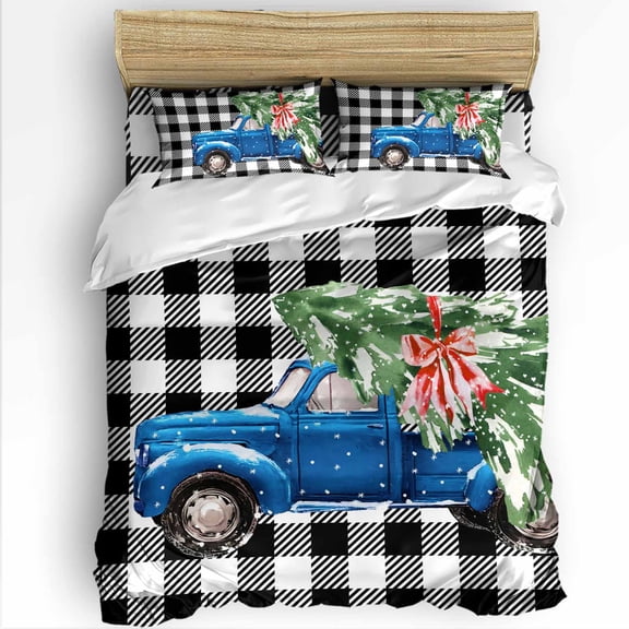 Christmas Blue Truck Full Size Comforter Set, Xmas Green Tree Black Buffalo Plaid Winter Bedding for All Seasons, 4 Pcs Bed Set with 1Comforter (86"x86") ,1 Sheet(80"x116"), 2 Pillowcases (19"x29")