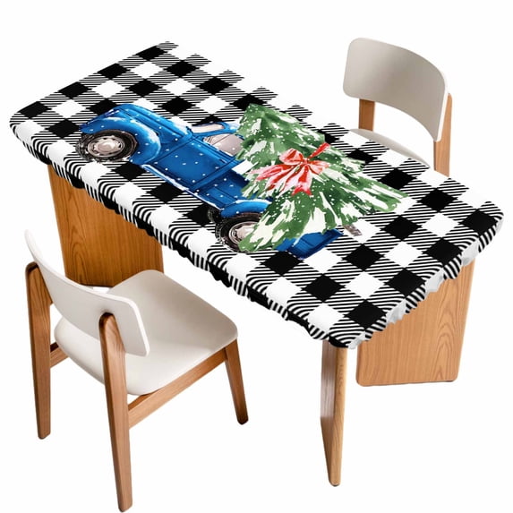 Christmas Blue Truck Table Cloths for 4 Foot Rectangle Tables, Xmas Tree Bow Rustic White Black Checkered Patio Waterproof Elastic Fitted Tablecloths, Washable Rectangular Table Cover for Camping