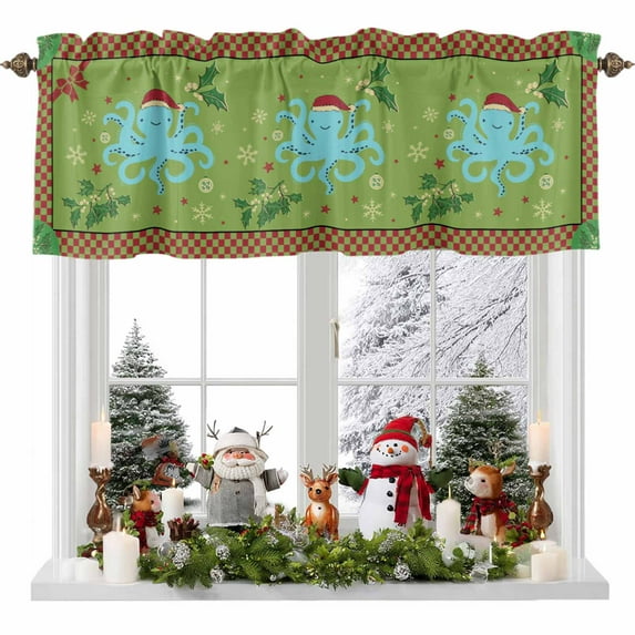 Christmas Blue Valances for Windows, 54 x 18in, Octopus Red Green Checked Snowflake Plants Rod Pocket Kitchen Valance Curtain Light Filtering Window Treatments for Living Room Bedroom, 1 Panel