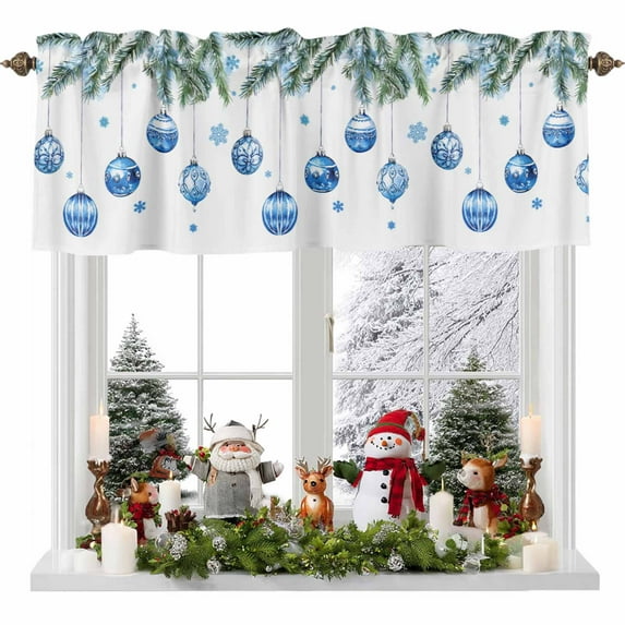 Christmas Blue Valances for Windows, 54 x 18in, Watercolor Christmas Balls Snowflake Pattern Rod Pocket Kitchen Valance Curtain Light Filtering Window Treatments for Living Room Bedroom, 1 Panel