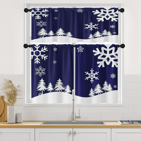 Christmas Blue Vintage Retro Kitchen Curtains Window Curtains and Valances Set 36 Inch, Snow Snowflakes Winter Xmas Tree Short Tier Curtain for Kitchen, Christmas Small Kitchen Decor