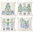 thumbnail image 1 of Christmas Blue and White Chinoiserie Throw Pillow Covers 18x18 Inch Nutcracker Sleigh Christmas Tree Bow Green Outdoor Grandmillennial Decorations Xmas Pillow Cases Set of 4 for Couch Decor, 1 of 6