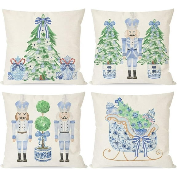 Christmas Blue and White Chinoiserie Throw Pillow Covers 18x18 Inch Nutcracker Sleigh Christmas Tree Bow Green Outdoor Grandmillennial Decorations Xmas Pillow Cases Set of 4 for Couch Decor