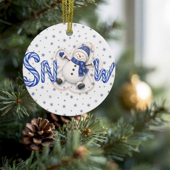 Christmas Blue White Snowman Christmas Ceramic Ornament 2026,3" Round Xmas Tree Hanging Accessories with Gold Ribbon,Winter Snowflake Seamless Pendant Ornaments for Holiday Gift Home Party Decor