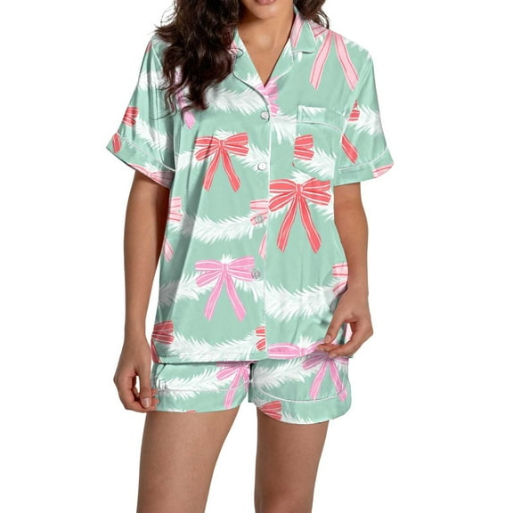 Christmas Blue Womens Pajama Sets Women Pajamas Graphic Printed Silk Satin Cute Sleepwear Buttons Short Sleeve Tops Shorts Sets Sleepwear