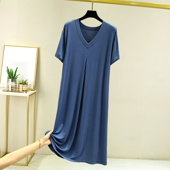 Christmas Bnwani Nightgowns for Women Fashion Oversized Crew Neck Short Sleeve Printed Blue Size S-XXL