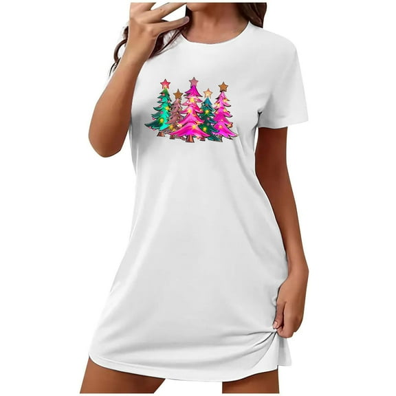 Christmas Bnwani Womens Nightgown Oversized Crew Neck Short Sleeve Printed Gray Size S-XXL