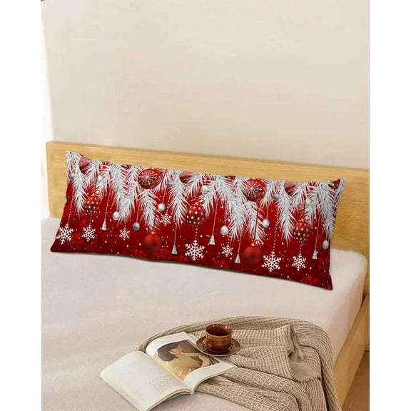 Christmas Body Throw Pillow Cover Case, Couch Sofa Bed Pillowcase, Soft Decorative Pillow Protector, Winter Red Ball Silver Snowflake Pine Leaves 20x54Inch Long Reversible Pillow Shams with Zipper