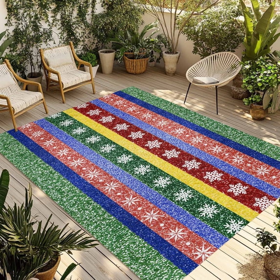 Christmas Boho Colorful Outdoor Rug for Patio/Deck/Porch, Non-Slip Large Area Rug 5 x 7 Ft, Winter Snowflake Stripe Bohemia Xmas Indoor Outdoor Rugs Washable Area Rugs, Camping Rug Carpet Runner