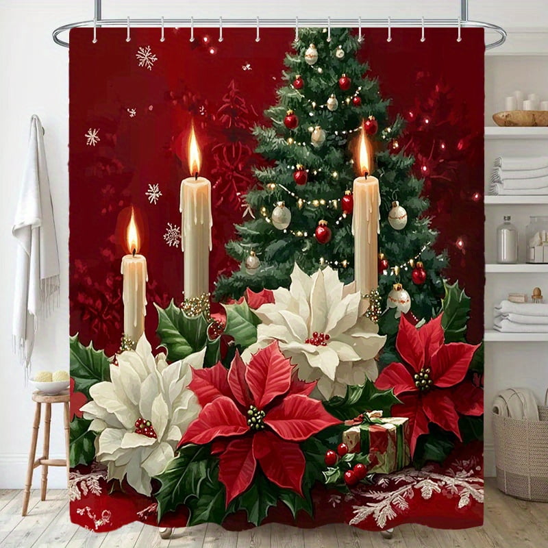Christmas Boho Polyester Shower Curtain 1pc 72x72in (180x180cm) with Candles, Poinsettias, White Roses & Hooks, Bathroom Supplies,Four Seasons Polyester Shower Curtain 72x72 inch