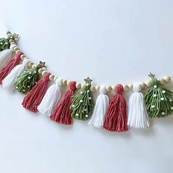 Christmas Boho Tassel Garland with Wood Beads Tassel Garland Decor Neutral Garland Decorative Rainbow Banner Wall Hangings for Nursery Room Bedroom Wedding Party