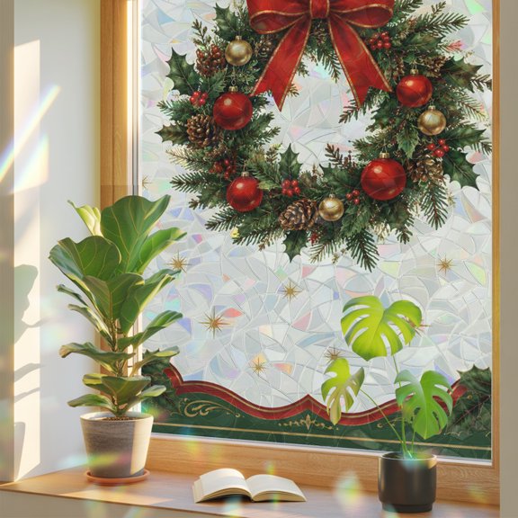Christmas Boho Window Privacy Film Rainbow Static Cling Stain Glass Window Film for Glass Door, Decorative Sunroof Decal Sticker for Car 19.6"x39.3" Winter Green Pine Needle Wreath Balls Bow