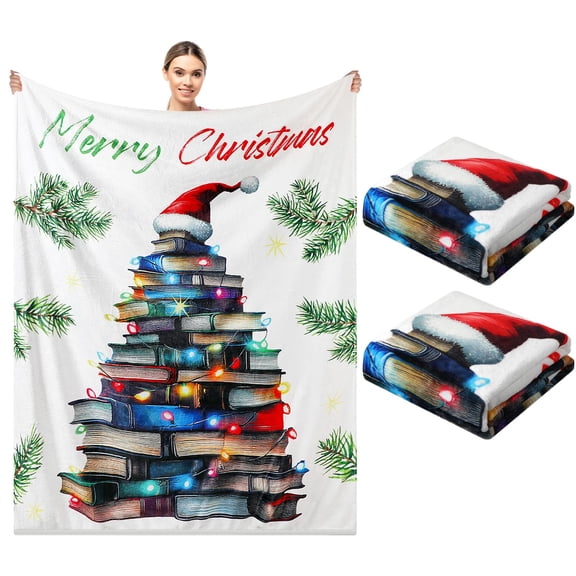 Christmas Book Lover Throw Blanket Set 2 Pack 50x60 Inch Flannel Warm Soft Holiday Gift
