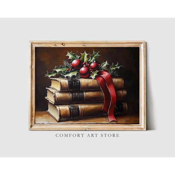 Christmas Book Stack Vintage Wall Art Print, Old Books Holly Berries And Ornaments Decor