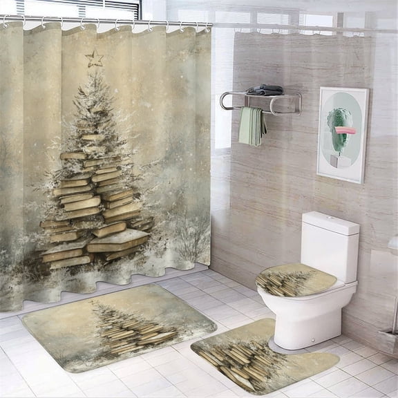 Christmas Book Tree Name Personalize 4 Pcs Shower Curtain Set Bathroom Decor Set with Non-Slip Rugs Toilet Lid Cover And Bath Mat Gift for Lover Reading Teacher Durable and Waterproof