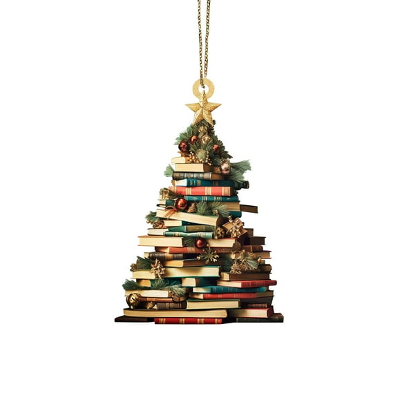 Christmas Book Tree Ornament, Book Lovers Ornament Christmas Coffee Tree Bookshelf Ornament, Acrylic Tree Pendant Gift for Her Librarian (3.54",F)