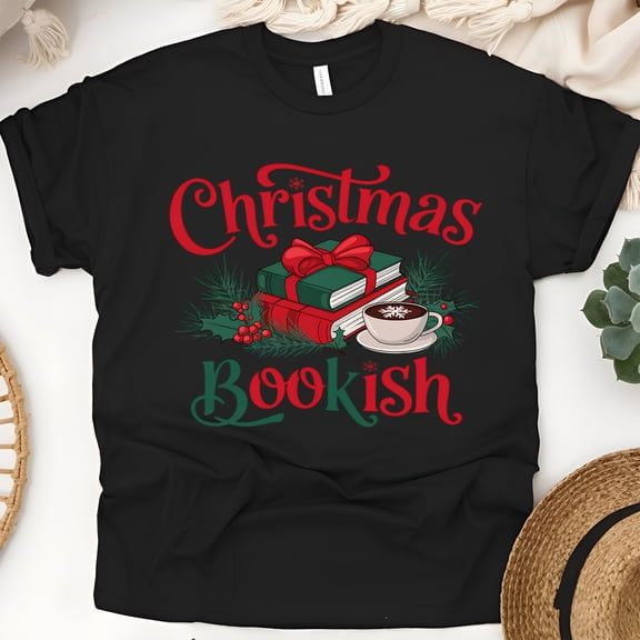 Christmas Bookish Shirt | Cozy Holiday Reading Tee for Book Lovers, Black, Size S