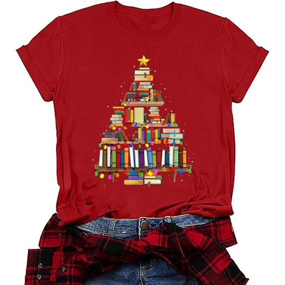 Christmas Books Tree T-Shirt Women Teachers Love Reading Xmas Gift Tee School Christmas Holidays Casual O-Neck Tshirts