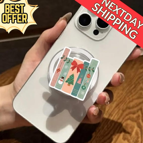 Christmas Bookshelf MagSafe Phone Grip Cute Holiday Book Lover GripTok, Festive Magnetic Phone Stand Alternative, Bookish Gift for Readers