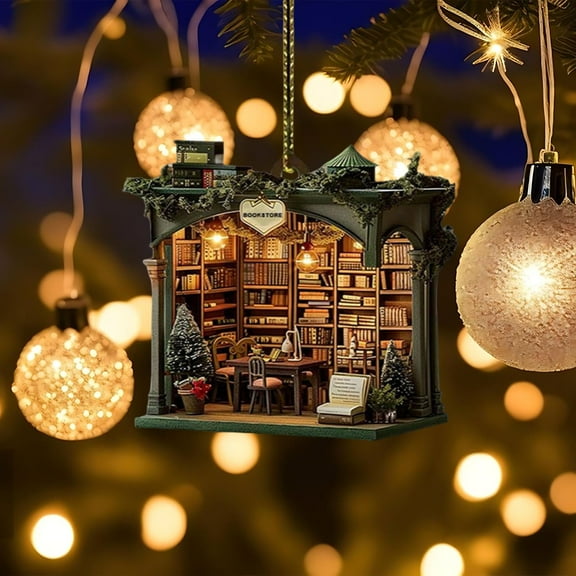 Christmas Bookstore Ornament, 2025 Acrylic 2D Bookshelf Pendant,Xmas Hanging Ornaments,Book Christmas Tree Ornaments for Wall Window Door Indoor Home Use