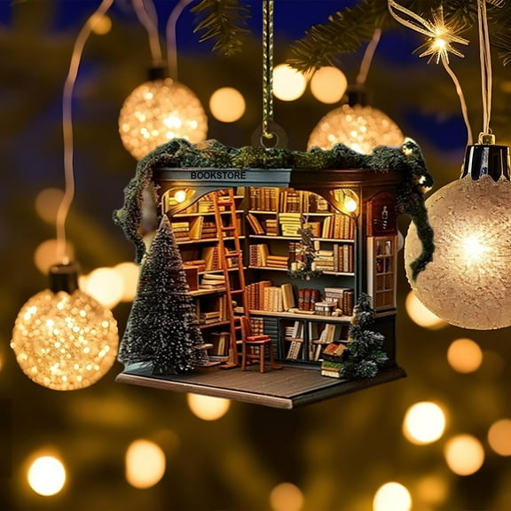 Christmas Bookstore Ornament, 2025 Acrylic 2D Bookshelf Pendant,Xmas Hanging Ornaments,Book Christmas Tree Ornaments for Wall Window Door Indoor Home Use