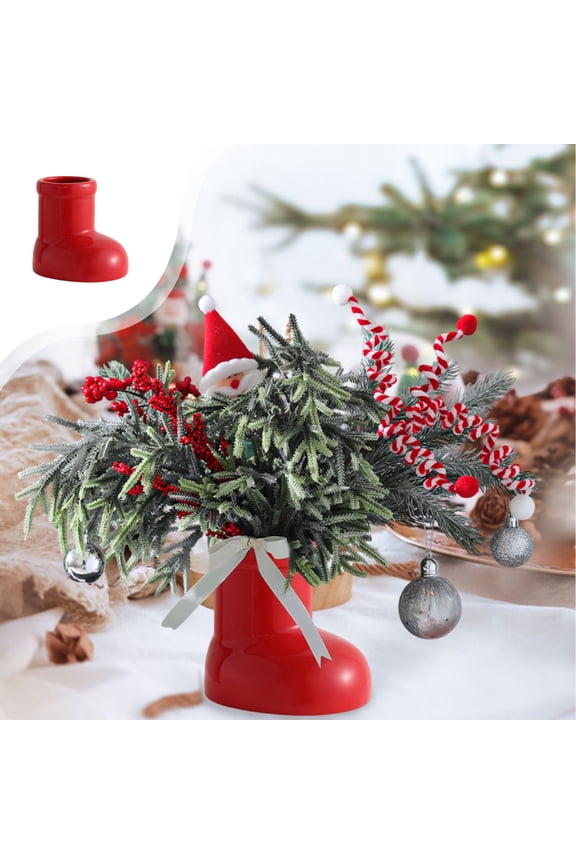 Christmas Boot Ceramic Vase - 5.31in Red Shoe Planter with Waterproof Design, Multi-Use as Pen Holder & Flower Pot for Holiday Desktop Decor