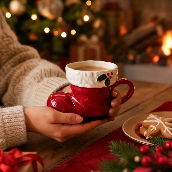 Christmas Boot Mug, Ceramic, Red, 3D Carving, Holiday Coffee Cup for Kitchen and Office, Festive Home Decor, 1 Count