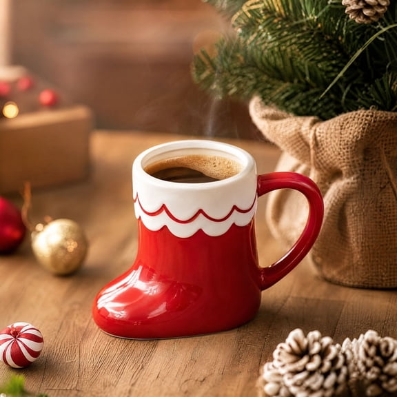Christmas Boot Shaped Coffee Mug - Red Holiday Novelty Drinking Cup for Hot Cocoa Tea, Festive Home Kitchen Decor Gift
