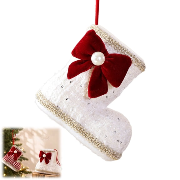 Christmas Boot-Shaped Hanging Ornaments (Pack of 1-2): 4.92-Inch Mini Tweed and Houndstooth Holiday Boot Decorations with Velvet Bow and Pearl Accents