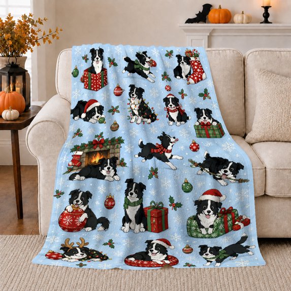 Christmas Border Collie Pattern, Festive Holiday Scene, Warm Flannel Blanket for Living Room and Bedroom with Detailed Artwork, Animal Lovers Christmas Gift, Festive Home Decor