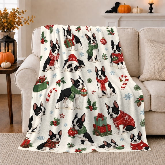 Christmas Boston Terriers with Scarves, Festive Holiday Style for Dog Lovers, Presents and Holly Scene and Christmas Gift, Soft Flannel Blanket for Family Room and Bedroom, Pet Home Decor