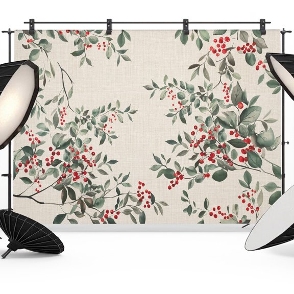 Christmas Botanical Backdrop for Photography,Fabric Photo Background Backdrop,Xmas Berry Watercolor Green Botanical Rustic Photo Booth Background for Portrait Photoshoot Wedding Studio Banner 7x5ft