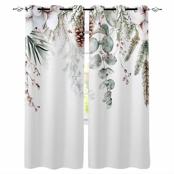 Christmas Botanical Blackout Curtains for Bedroom/Living Room, Thermal Insulated Kitchen Curtains, Eucalyptus Leaves Xmas Pinecone Cotton Grommet Darkening Window Treatment Drapes 27.5"x39"x2
