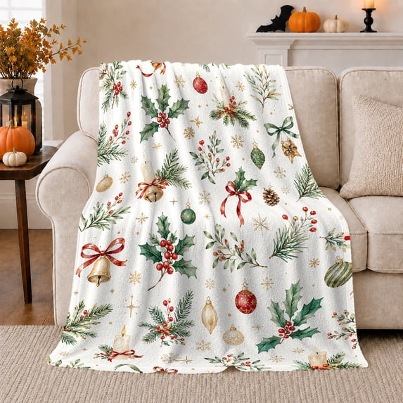 Christmas Botanical Holly Golden Baubles, Festive Holiday Scene, Warm Flannel Blanket for Living Room and Reading Nook, Art Lovers Christmas Gift, Festive Home Decor