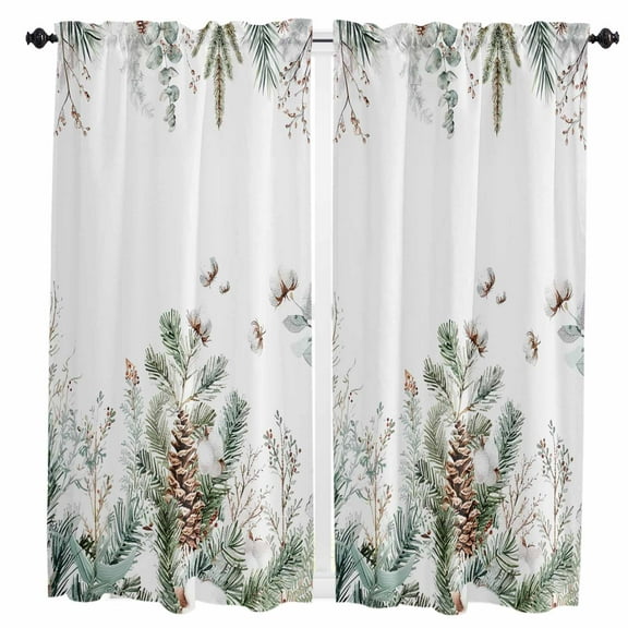 Christmas Botanical Kitchen Curtain 2 Panels Curtains 63 Inch Length, Pinecone Eucalyptus Leaves Xmas Curtains Rod Pocket Curtains Window Drapes Treatment Window Cafe Curtains