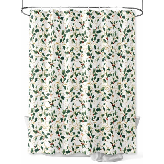 Christmas Botanical Long Shower Curtain Set, Waterproof Shower Curtains for Bathroom, Green Xmas Leaf Berry Washable Fabric Cloth Bath Curtain for Bathtub Decoration with Hooks 72x84 Inches