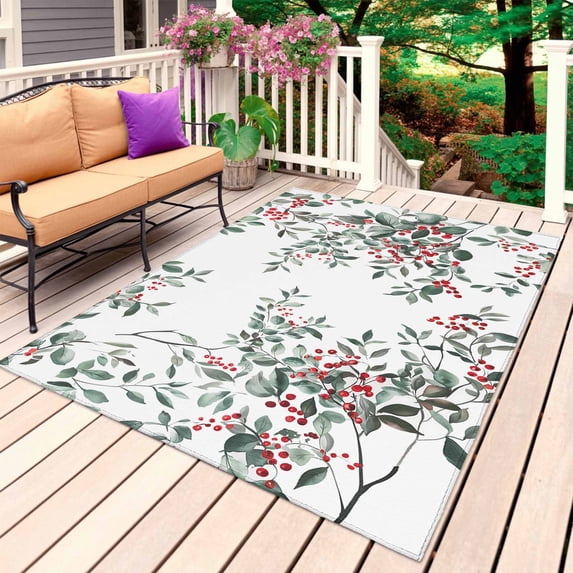 Christmas Botanical Outdoor Rug for Patio/Deck/Porch, Non-Slip Large Area Rug 5 x 8 Ft, Xmas Berry Watercolor Green Botanical Indoor Outdoor Rugs Washable Area Rugs, Camping Rug Carpet Runner