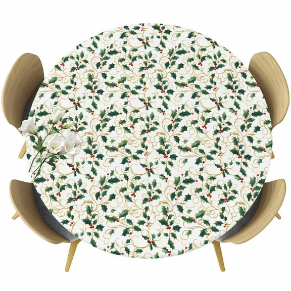 Christmas Botanical Round Tablecloth 36-44 Inch Round Fitted Table Cloth with Elastic Edge, Green Xmas Leaf Berry Waterproof Table Cover Protector for Outdoor Picnic Party Dining