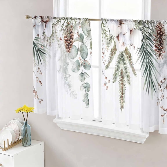 Christmas Botanical Sheer Curtains 54 Inch Length 2 Panels Set, Eucalyptus Leaves Xmas Pinecone Cotton Voile Window Treatment Rod Pocket Short Kitchen Curtains Drapes for Bedroom 52"x54"x2