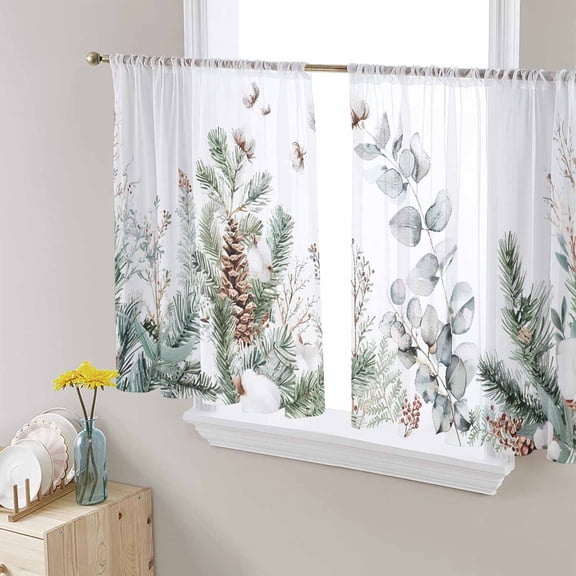 Christmas Botanical Sheer Curtains 54 Inches Length 2 Panels Set, Window Sheer Curtains for Living Room/Bedroom, Pinecone Eucalyptus Leaves Xmas Light Filtering Rod Pocket Curtain 52'' x 54'' x 2
