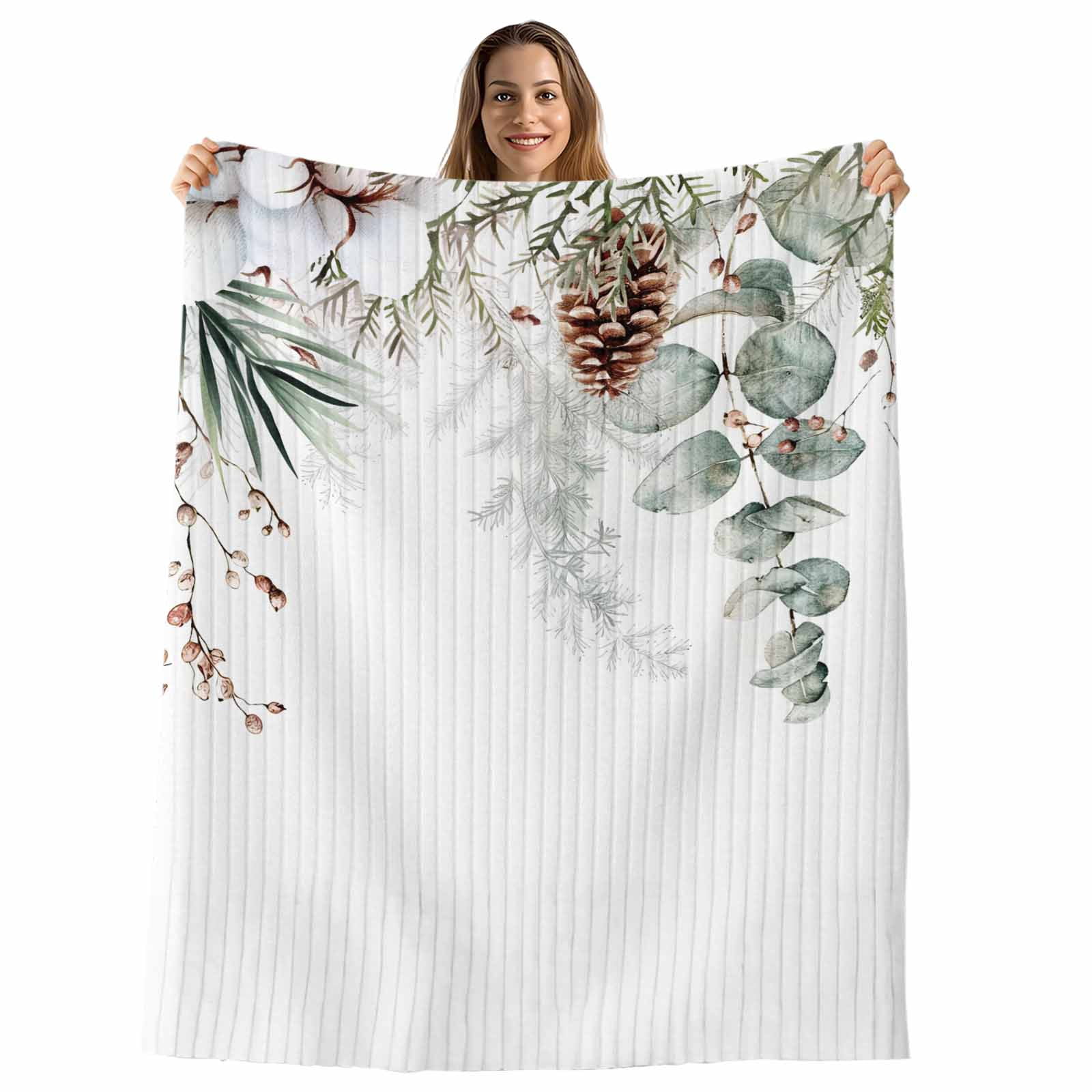 Christmas Botanical Throw Blanket, Flannel Fleece Blanket with Striped Design for Couch, Eucalyptus Leaves Xmas Pinecone Cotton Soft Breathable All Season Plush Blankets for Sofa Office Chair 30"x40"