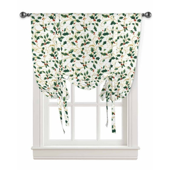 Christmas Botanical Tie Up Curtains for Window, Green Xmas Leaf Berry Thermal Insulted Balloon Shade Adjustable Rod Pocket Curtains Valance Panels for Kitchen Bathroom Café 34 x 45