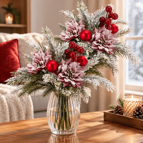 Christmas Bouquet Red Winter Artificial Flowers Xmas Decor