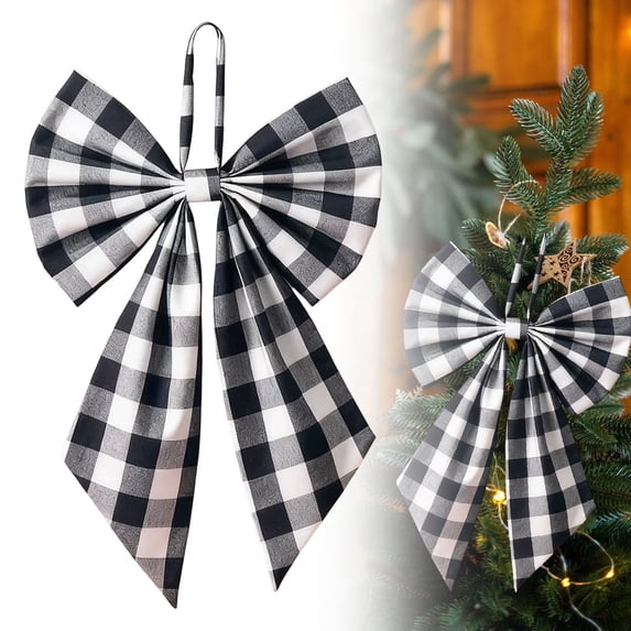 Christmas Bow 12.6 in, Oversized Velvet Tree Topper Ribbon for Wreath Door Wall Holiday Decor,Black White Buffalo Check