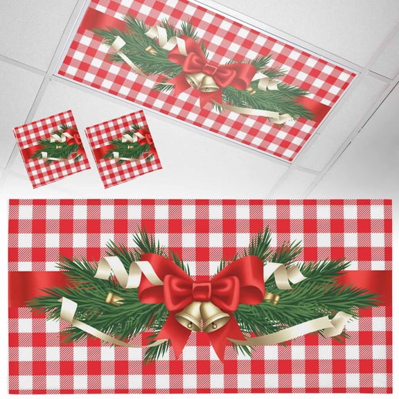 Christmas Bow Bell Fluorescent Light Covers Winter Evergreen Bough Red White Plaid Magnetic Light Filters Ceiling Lighting Panel Shade for Classroom Office Home 2 x 4 ft, 2 Pack
