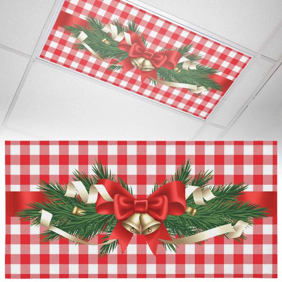 Christmas Bow Bell Fluorescent Light Covers Winter Evergreen Bough Red White Plaid Magnetic Light Filters Ceiling Lighting Panel Shade for Classroom Office Home 2 x 4 ft, 1 Pack