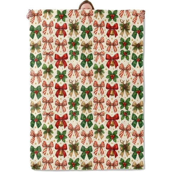 Christmas Bow Blanket Gifts for Women Adults Girls Kids, Funny Elegant Red Green and Gold Holiday Bows Flannel Blankets for Bedroom, Camping, Couch, Room Decor, Fuzzy Warm Soft Cozy 60 x 80 in