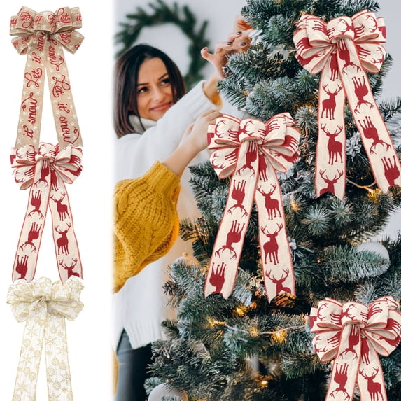 Christmas Bow Burlap Bow Christmas Tree Topper Bow Rustic Bowknot Ornaments for Christmas Tree Banister Swag Decoration, 15.75 x 9.84 x 5.91 Inch