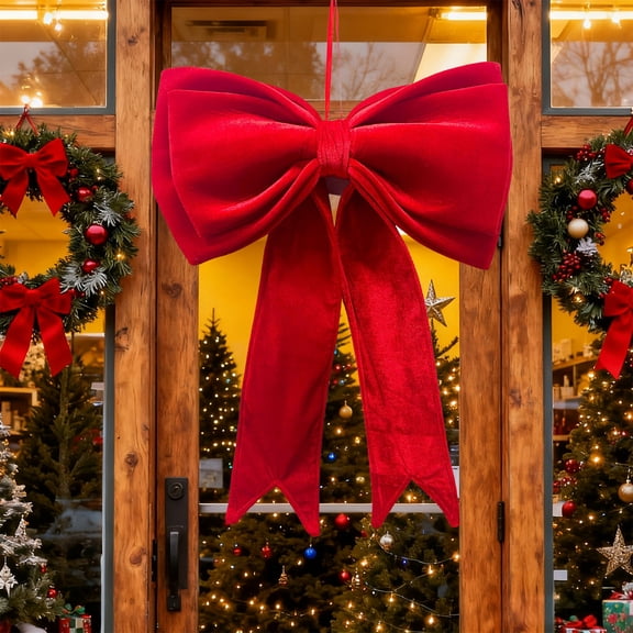 Christmas Bow Decoration - Flocked Ribbon, 3D Design with Hidden Wire and Strap for Tree Tops, Wreaths, Gift Wrapping, and Wedding Decor