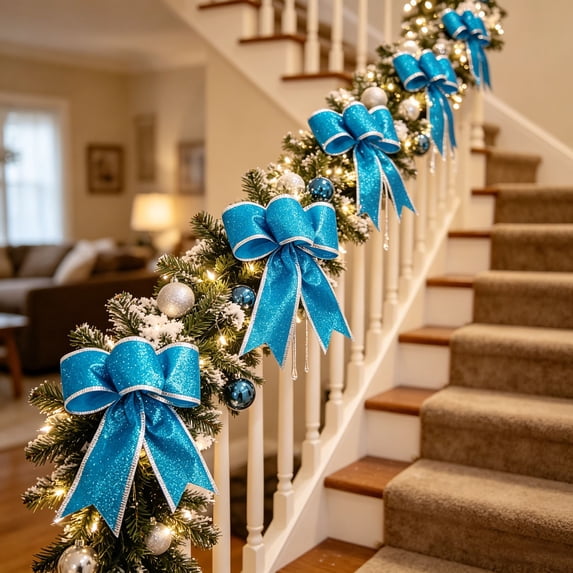 Christmas Bow Decorations 6.69x3.74 in Xmas Tree Bow Ornaments Festive Decorative Bows for Garland Wreath Stair Handrail Indoor Home Decor